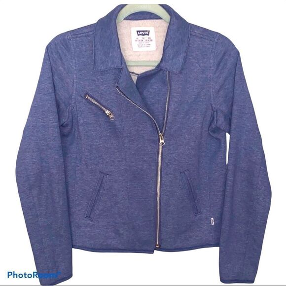 Levi’s Girl’s Chambray Blue Asymmetrical Full Zip Soft Moto Biker Jacket Size X - Picture 1 of 10